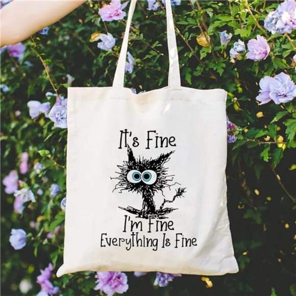 Canvas Tote Bag for Women Aesthetic Cute Cat Shopping Grocery Reusable Bag - Picture 3 of 7